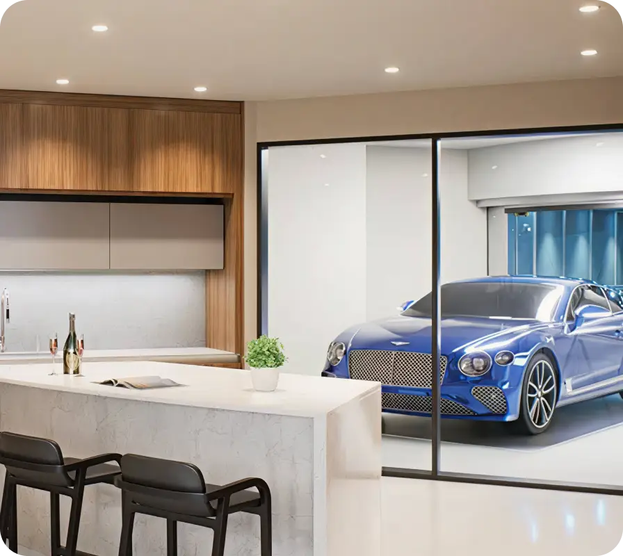Cada residencia cuenta con garajes privados para 3 o 4 autos, accesibles mediante el exclusivo elevador vehicular Dezervator™, amplias terrazas de hasta 1,800 ft² con piscina privada, sauna y ducha exterior, elevando la experiencia de vida a un nivel extraordinario.